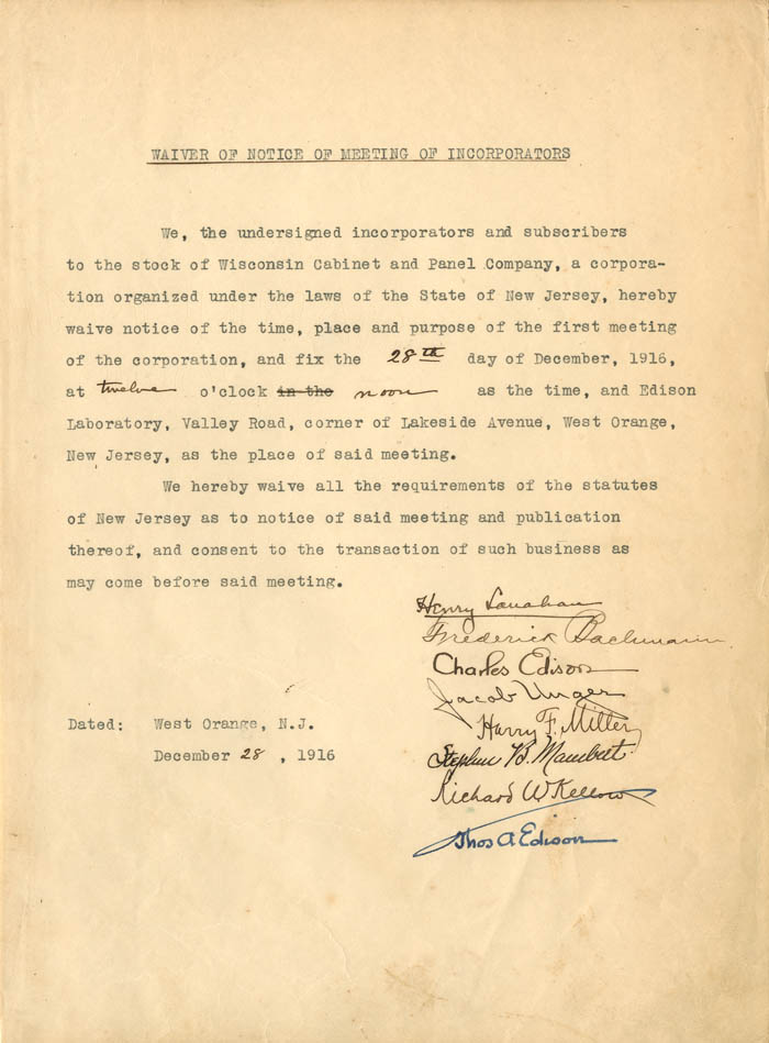 Waiver of Notice of Meeting signed by Thomas A. Edison and Charles Edison